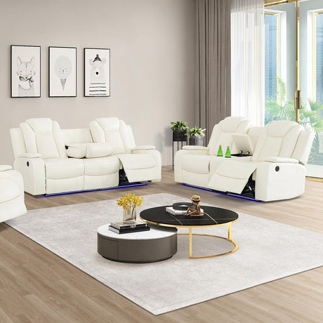 SIENWIEY Power Leather Recliner Set for Living Room, Electric Reclining Sofa and Loveseat Set with LED Lights, White Leather Sofa Set 2 Pieces with 3 Seats Sofa，Double Recliner Loveseat SIENWIEY