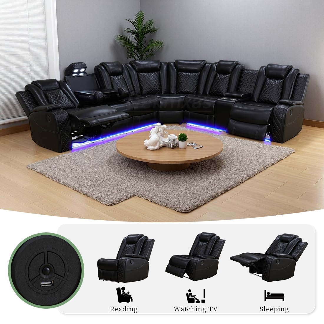 Dekmxas Living Room Furniture Set, Power Sectional Recliner Sofa Set with LED Light,Black Air Leather Power Reclining Sofa with 2 Recliner Seats/Cup Holders/USB Port/Storage Console for Living Room Dekmxas