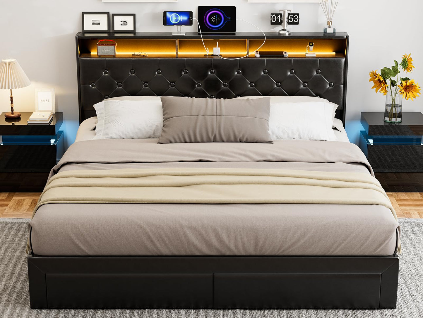 IKIFLY King Size Upholstered Bed Frame with Charging Station, 4 Storage Drawers & LED Lights - WoodArtSupply