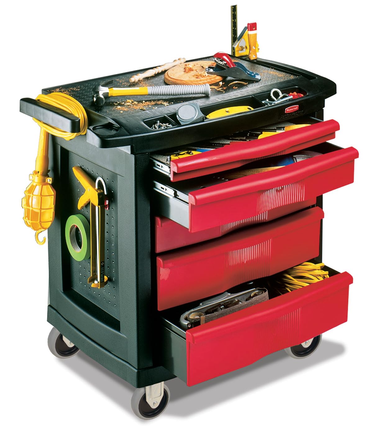 Rubbermaid Commercial Trademaster 5 Drawer Mobile Work Center, 33" L x 20" W x 34" H, Black/Red (FG773488BLA) Rubbermaid Commercial Products