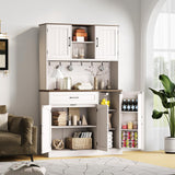 ONBRILL 71" Pantry Cabinet, Kitchen Pantry Storage Cabinet with LED Light & Outlet, Kitchen Hutch with Microwave Shelf & 6 Hook, Door Shelf & Drawer & Adjustable Shelf, Dining Room, Off White+Walnut ONBRILL