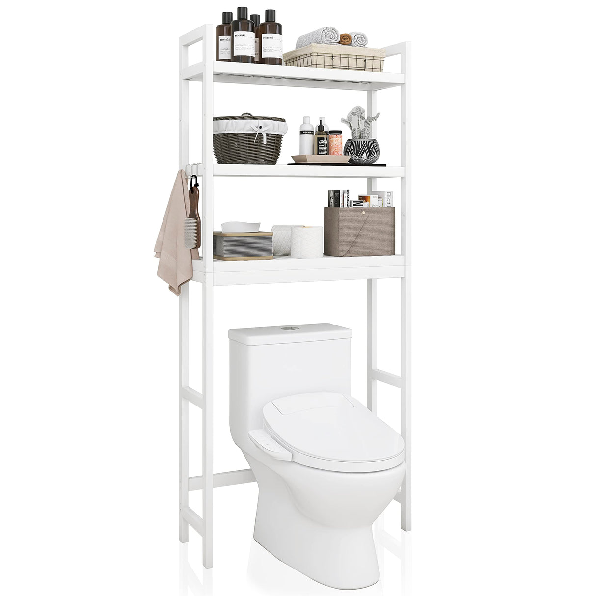 SMIBUY Bathroom Storage Shelf, Bamboo Over-The-Toilet Organizer Rack, Freestanding Toilet Space Saver with 3-Tier Adjustable Shelves (White) SMIBUY