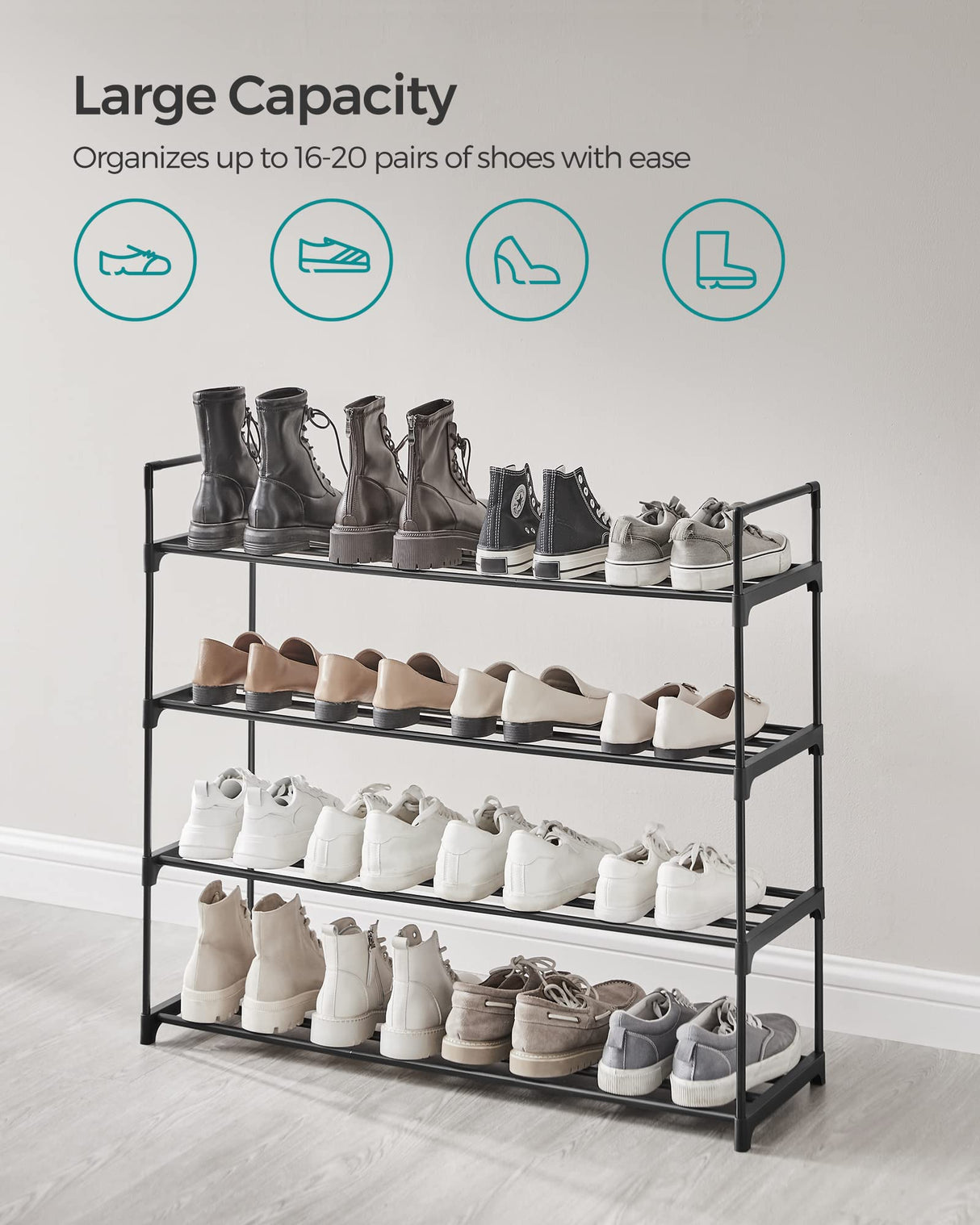 SONGMICS Shoe Rack, 4 Tier Shoe Organizer, Metal Shoe Storage Shelf for 20 Pairs of Shoes, Easy to Assemble, Entryway, Black ULSA14BK SONGMICS