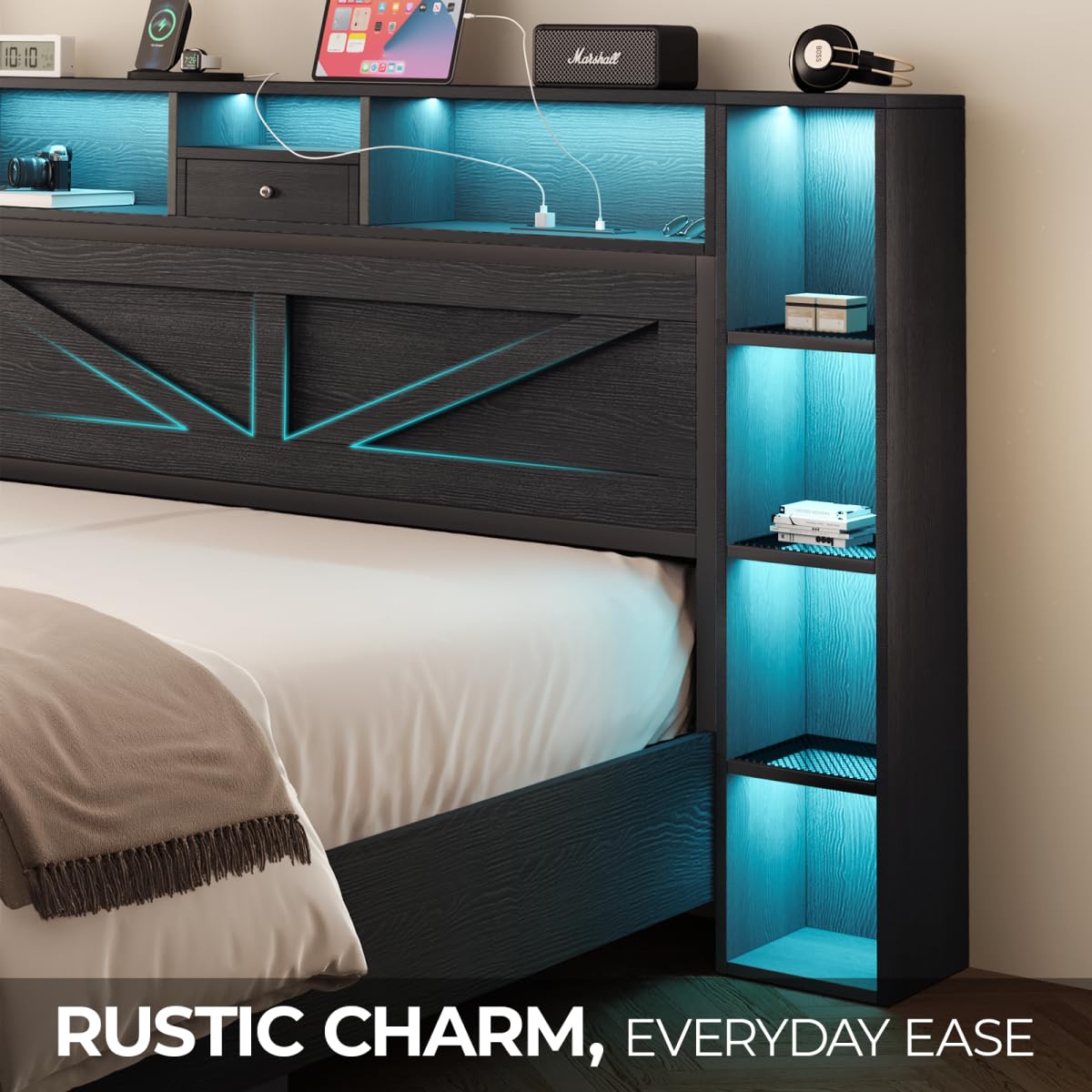Siihnon Queen Bed Frame with Bookcase Headboard and Bedside Storage, Black Farmhouse Bed Frame Queen Size with Charging Station and LED Lights, Heavy Duty Metal Slats, Noiseless, No Box Spring Needed Siihnon