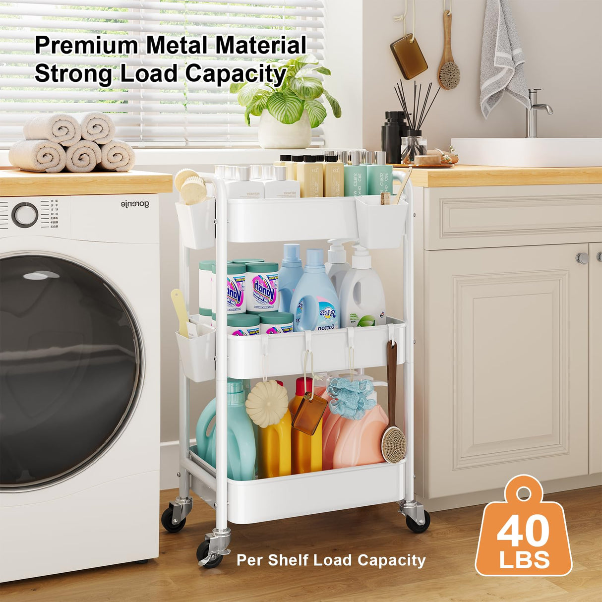 3 Tier Rolling Cart Metal with Wheels, White Three Tiered Craft Cart Organizer on Wheels, Storage Utility Carts for Art, Baby Nursery,Diaper Caddy, Cleaning Supplies, Nail,Lash,Snack,Book,Roller Shelf Aofure