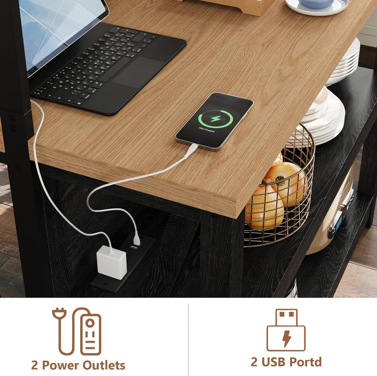 Wooden Kitchen Island with Power Outlet & LED Lights - Bakers Rack with Storage, Large Kitchen Island Table with 3 Tier Microwave Stand Oven Shelf, Coffee Bar Table with 6 Hooks LALFPET