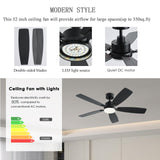 NKPU 52 Inch Ceiling Fans with Lights and Remote/App Control, Low Profile Ceiling Fan with 2 Downrods, DC Reversible, Dimmable, Dual-Sided Blades Modern Black Ceiling Fan for Bedroom Livingroom NKPU