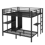 KEIKI King Over Twin XL Size Bunk Bed Frame with Built-in Wardrobe, Metal Loft Bunk Bed with Foldable Desk and Storage Shelf, Bunk Beds King Size for Adults Teen Kids, No Box Spring Needed, Black KEIKI