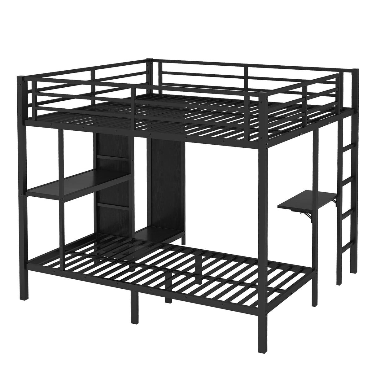 KEIKI King Over Twin XL Size Bunk Bed Frame with Built-in Wardrobe, Metal Loft Bunk Bed with Foldable Desk and Storage Shelf, Bunk Beds King Size for Adults Teen Kids, No Box Spring Needed, Black KEIKI