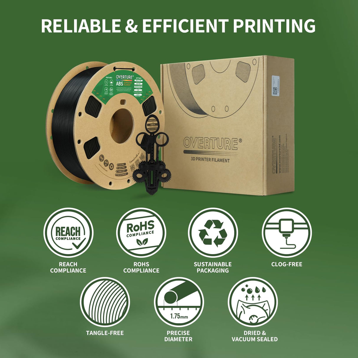 OVERTURE ABS Filament 1.75mm, ABS 1kg Spool (2.2lbs),3D Printer Filament,Dimensional Accuracy +/- 0.02 mm, Fit Most FDM Printer (Black 1-Pack) OVERTURE