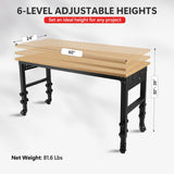 Adjustable Workbench, 72"×24" Garage Worktable with Power Outlet & Universal Wheels, Lift Height 30"-39", Heavy Duty 2000 LBS Load Capacity Hardwood Workbench Suitable for Workshop, Office, Garage CuisinSmart