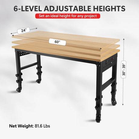Adjustable Workbench, 72"×24" Garage Worktable with Power Outlet & Universal Wheels, Lift Height 30"-39", Heavy Duty 2000 LBS Load Capacity Hardwood Workbench Suitable for Workshop, Office, Garage CuisinSmart