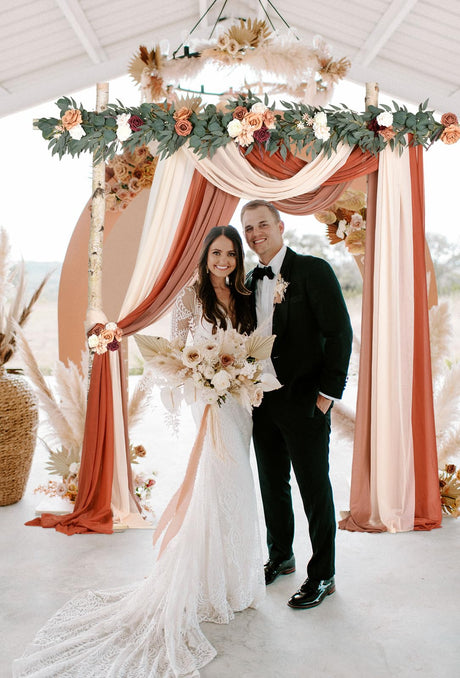 DearHouse 3 Panel Wedding Arch Draping Fabric,29.5" x18Ft Pearl Fabric Drapes for Wedding Sheer Backdrop (Champagne+Terracotta+Caramel) DearHouse