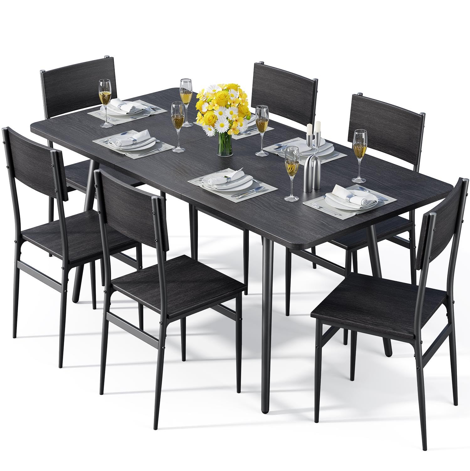 QSun Qsun 7-Piece Dining Table for 4-6, 63'' Large Extendable Kitchen Table Set with 6 Chairs, Dining Table Set for Kitchen, Dining Room and Restaurant, Black - WoodArtSupply