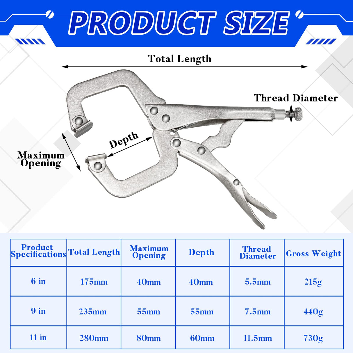4 Pcs Locking C Clamp Set, Locking Pliers with Fixed and Swivel Pads, 6 Inch, 9 Inch, 11 Inch, Metal Tools Welding Clamps for Home Farm Minatee