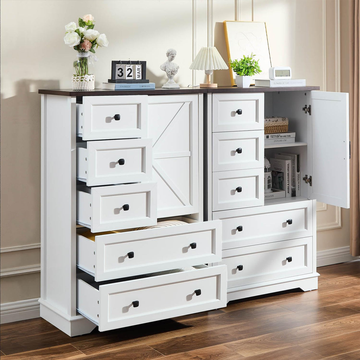 SOOWERY Dresser for Bedroom, Farmhouse Dresser with 5 Wooden Drawers and Storage Cabinet, 48 Inches Tall Chest of Drawers for Bedroom, Living Room, Hallway, White SOOWERY
