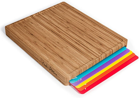 Bamboo Wood Cutting Board Set, Bamboo with 6 Color Coded Flexible Plastic Chopping Mats with Food Icons, Wooden Cutting Boards For Kitchen, Wooden Chopping Board Set Non Toxic Dishwasher Safe Cooler Kitchen