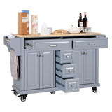 Generic 60.5"" Kitchen Island on Wheels, Rolling Island Table for Kitchen with Double Storage Cabinet and 5 Drawers, Portable Kitchen Cart with Rubber Wood Top, Grey, Large Generic