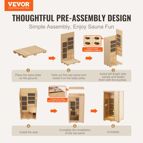 VEVOR Far Infrared Wooden Sauna, Room Home Sauna Spa for One Person, 1140W Low EMF Far Infrared Hemlock Wood Sauna with Tempered Glass Door & LED Reading Lamp & Bluetooth Speakers, 35 * 29 * 64 Inch VEVOR