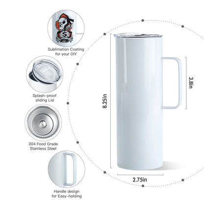 AGH Sublimation Tumblers with Handle 20oz Sublimation Blanks 4 Pack Skinny Straight Stainless Steel Vacuum Insulated Tumblers with Lids and Straws (White)