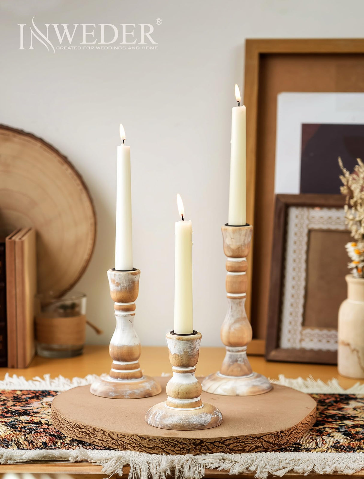 Inweder Wooden Candlestick Holders Rustic: Farmhouse Wood Taper Candle Holders Boho Candle Sticks Holder Decor for Home Dinning Table Mantle Party Holiday Christmas Wedding Set of 3 Inweder