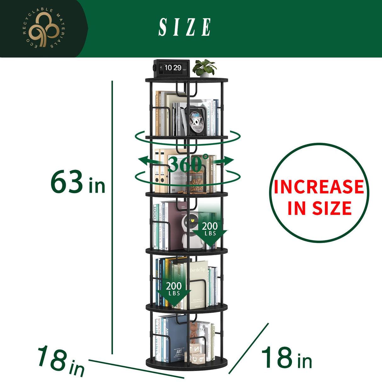 5Tier Rotating Bookshelf, 360 ° Display Stackable Spinning Bookshelf Tower, Narrow Space Saving Tall Floor Standing Swivel Bookcase Corner Storage Organizer for Bedroom/Living Room/Office，Black swlongbooks