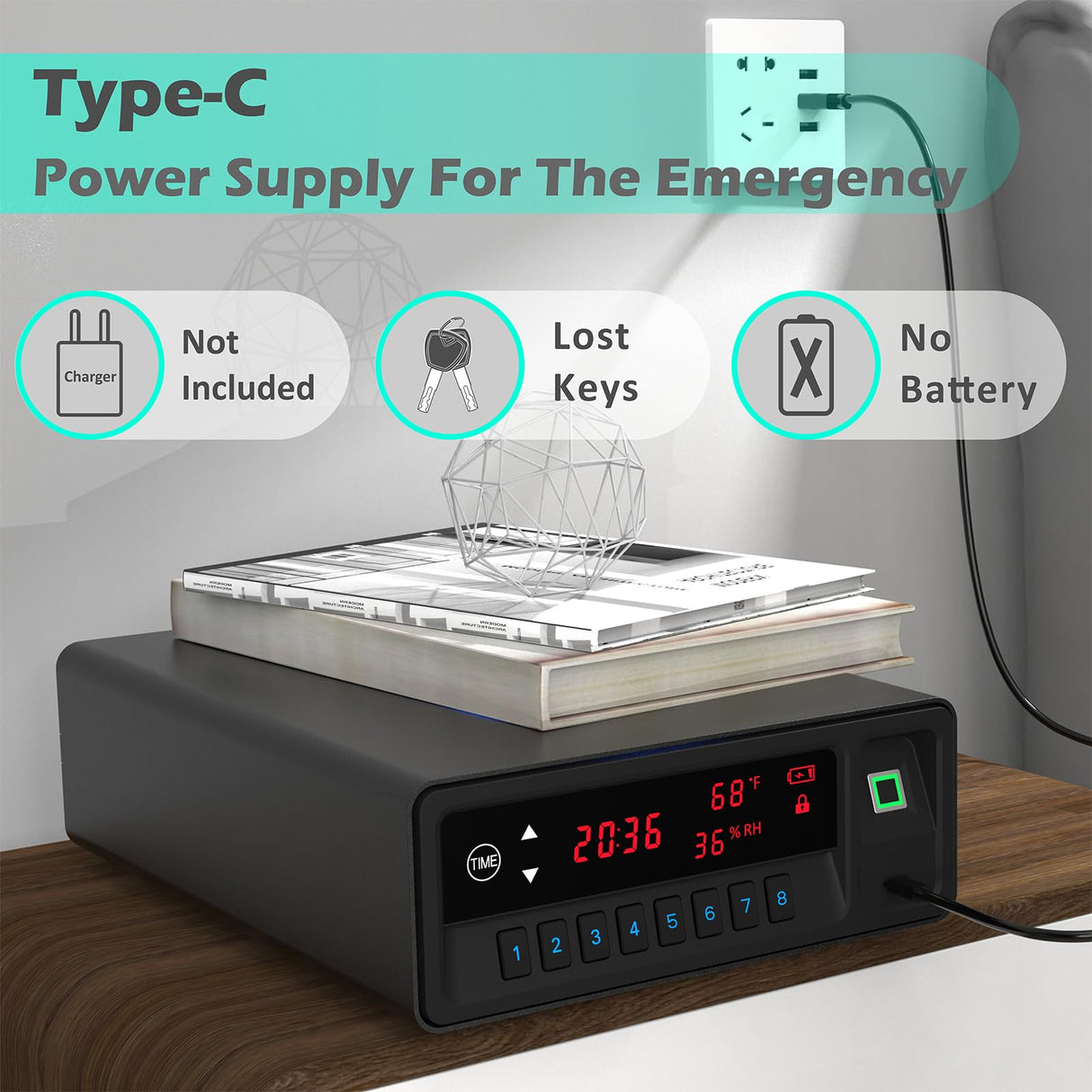 QINGENO Biometric Gun Safe,Clock Smart Safe Display with Temp,Humidity,Low Battery Warning,Drawer Gun Safe for Handgun - Nightstand Handgun Safe Pistol Safe (Black) QINGENO