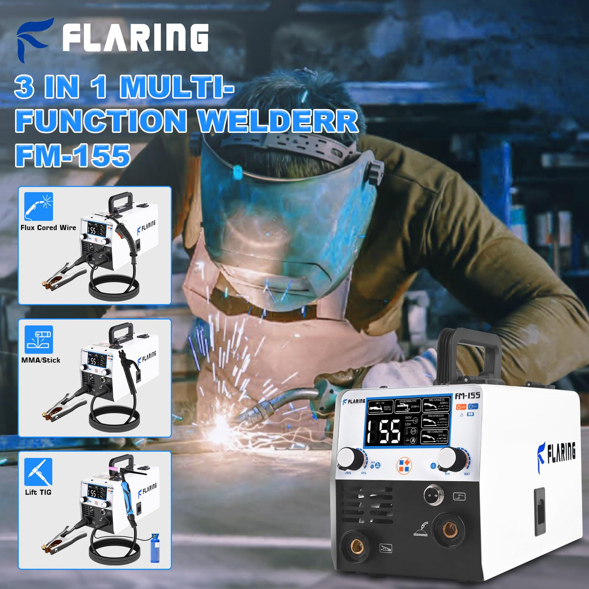 FLARING 155Amp MIG Welder, 110V Flux Core Welder Flux MIG/Lift TIG/Stick 3-in-1 Large LED Digital Display Welding Machine IGBT Inverter Gasless Welder Update FM155 FLARING