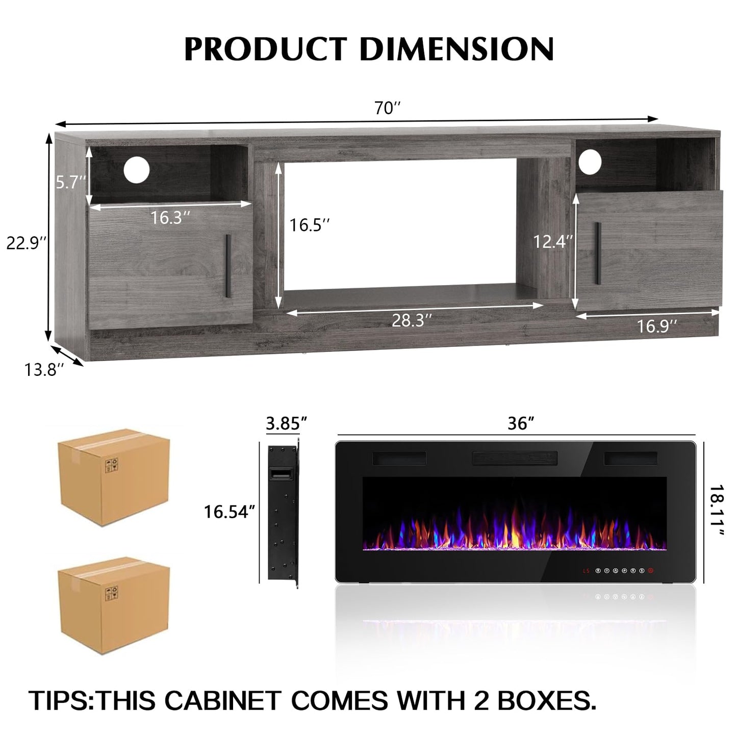 LEMBERI Fireplace tv Stand with 36 inch Fireplace Up to 80" TVs,LED Light Entertainment Center and Storage, 70" Modern Wood Media TV Console with Highlight Cabinet for Living Room (Gray) - WoodArtSupply