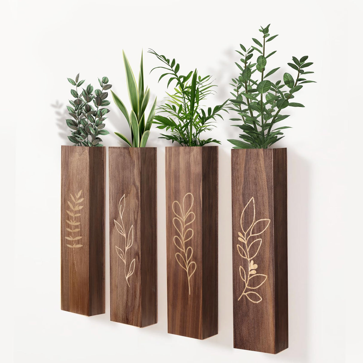 BOTOP Wood Wall Planter Indoor Wall Decor for Living Room Bedroom, 4 Pack Pocket Vases for Dried Flowers Faux Greenery Plants BOTOP