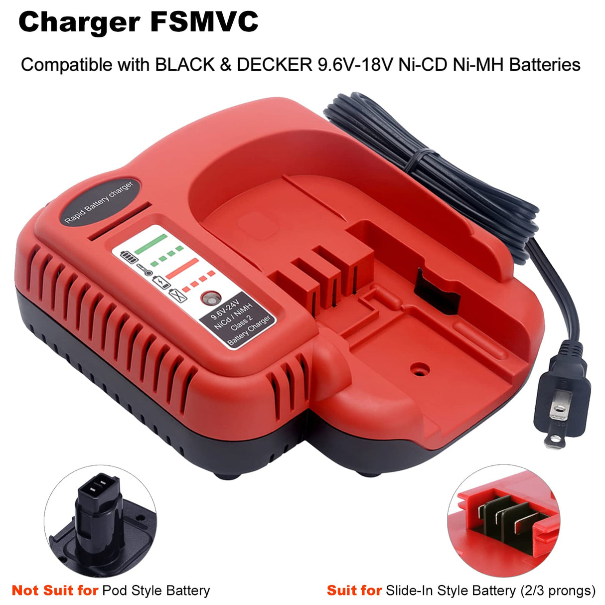 Biswaye 9.6V-18V-24V Battery Fast Charger BDFC240 Compatible with Black & Decker 18V 24V 14.4V 12V 9.6V Slide Battery HPB18-OPE HPB18 HPB14 HPB12 HPB96 244760-00 A1718 FS180BX FS18C Biswaye