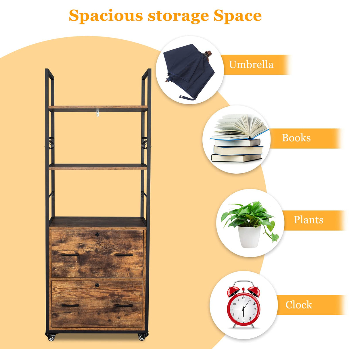 VINGLI Rustic Brown 65.7" Lockable 2 Drawer File Cabinet with Shelves - Versatile Freestanding/Rolling Design for Home Office VINGLI