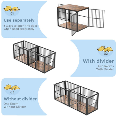 Lyromix 86.62''Dog Crate Furniture Large Breed TV Stand for 2 Dogs with Double Rooms,Wooden Dog Kennel Dog Crate End Table with Removable Divider for Large Medium Dogs, Can Use Separately, Brown Lyromix