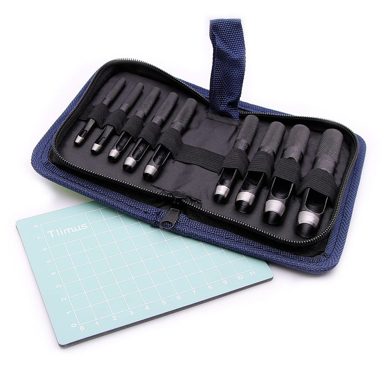 Tlimus 9 Pieces Heavy Duty Round Punch Set（3mm-12mm） with a Free Cutting Pad, Leather Hole Punch Set with Storage Case is Widely Used in Watch Straps, Belts, Cloth, Leather Gaskets（9 Black） Tlimus
