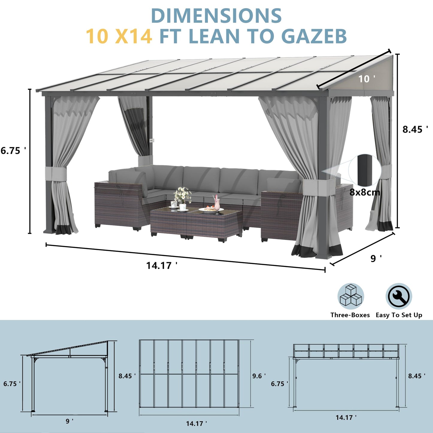 Kurapika 10’ x 14’ Gazebo, Wall Mount Gazebo Outdoor Pergola, Hardtop Lean to Gazebo Canopy Awnings with Sloped Roof and Sturdy Steel Frame, for Patio, Porch, Deck, Backyard(Grey)