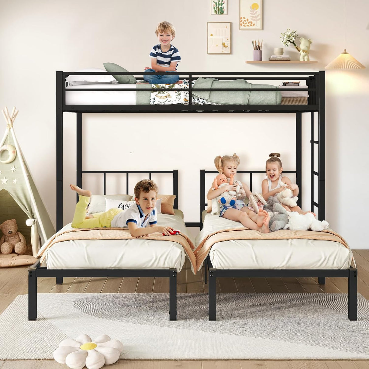 HKOLIE Twin Over Twin & Twin Bunk Beds for 3, Triple Bunk Bed for 3 with Guardrails, Ladder & Upper-Bed Platform, for Children, Teens, Adults, No Box Spring Needed (Detachable Triple Bunk Bed) HKOLIE