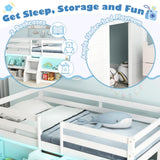 KOMFOTT Low Loft Bed with LED Light & 2 Bookcases, Wood Kids Twin Bed with Under-Bed Play Space, Stairs & Guardrails, No Box Spring Needed, Modern Low Loft Bed Frame, White KOMFOTT