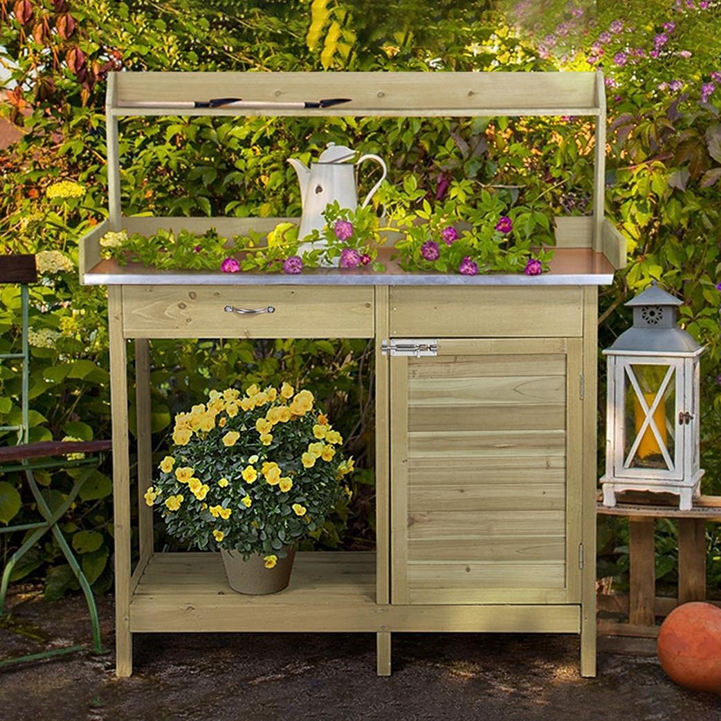 Topeakmart Garden Potting Bench Potting Table ACQ Lumber Wood Outdoor Work Station Work Bench Planting with Cabinet & Drawer & Top Shelf & Lower Shelf Light Green - WoodArtSupply