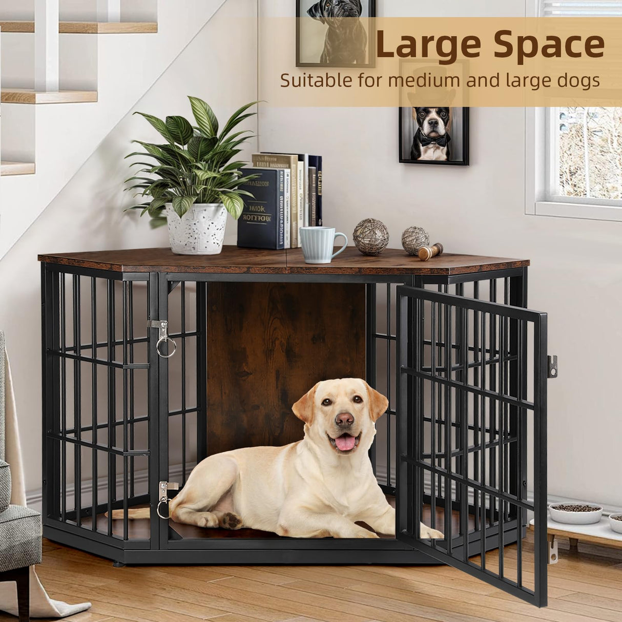 VOWNER 52 Inch Dog Crate Furniture Corner, Wooden Dog Kennel Furniture, End Table Dog Crate for Large Dogs, Indoor Pet Crates Corner Side Table for Dogs, Wide Top Perfect for Limited Room, Brown VOWNER