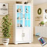 AMERLIFE 71" Tall Storage Cabinet with LED Lights, 5 Tier Large Modern Wood Kitchen Pantry with Acrylic Glass Doors & Shelves, Display Cabinet for Living room, Dining room, Bathroom, 4 Doors White AMERLIFE