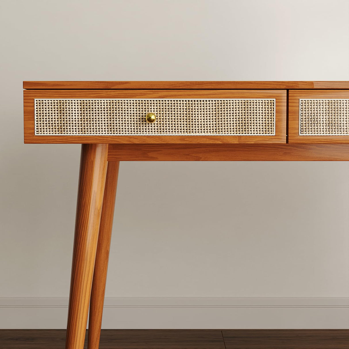 Longcoam Design Mid-Century Modern Solid Wood Desk with Drawers – 45 inch Small Boho Rattan Writing Desk for Home Office, Minimalist Design Natural Wood Table for Workspace Elegance Longcoam Design