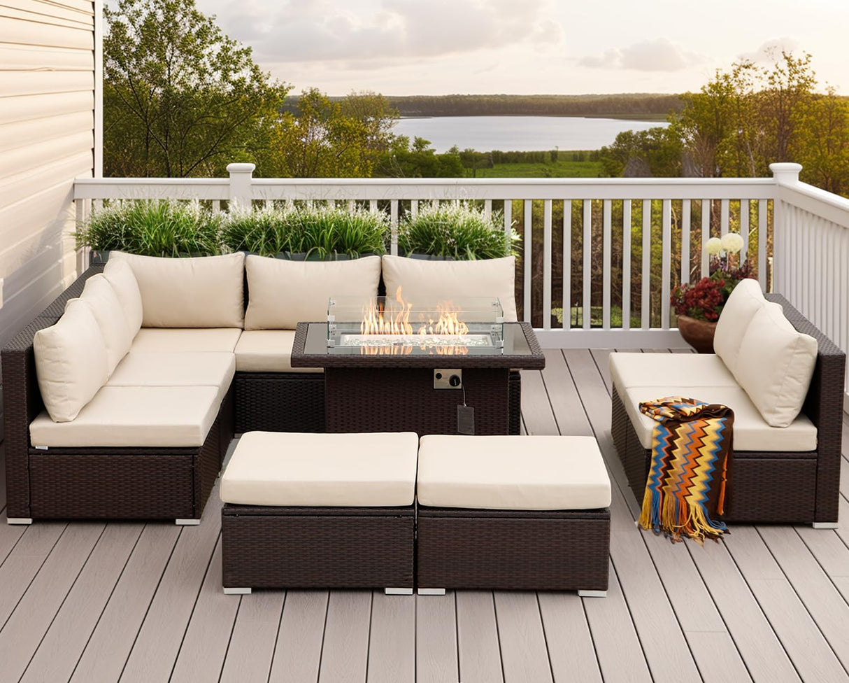 NICESOUL 10 Piece Patio Furniture Sectional Set with Fire Pit Propane/Natural Gas Convertible, 29.3'' High Back Deep Wide Outdoor Couch, 9 Seater Oversized High-End Wicker Conversation Sofas, Brown NICESOUL