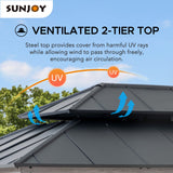 Sunjoy 12 x 16 ft. Wood Gazebo, Outdoor Patio Hardtop Gazebo, Standard Cedar Framed Wooden Gazebo with 2-Tier Metal Roof, Suitable for Patios, Lawn and Backyard, Matte Black Roof + Gray Wood Frame Sunjoy