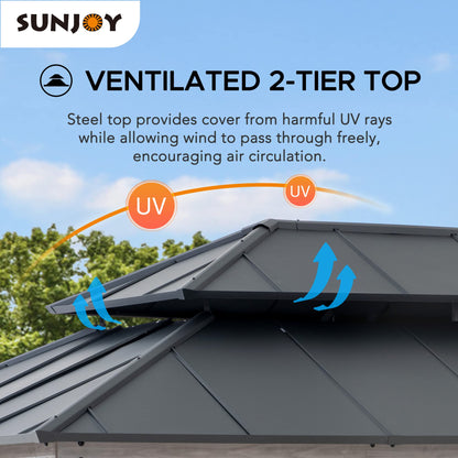 Sunjoy 12 x 16 ft. Wood Gazebo, Outdoor Patio Hardtop Gazebo, Standard Cedar Framed Wooden Gazebo with 2-Tier Metal Roof, Suitable for Patios, Lawn and Backyard, Matte Black Roof + Gray Wood  - WoodArtSupply