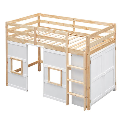 Harper & Bright Designs Twin Size Loft Bed with Storage Wardrobe, Playhouse Design, Guardrail & Ladder in Natural & White - WoodArtSupply