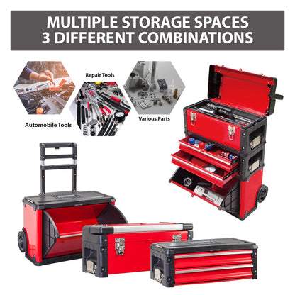 BIG RED Stackable Portable Metal Tool Box Organizer with Wheels and 2 Drawers, Rolling Upright Trolley Tool Chest for Garage or Workshop,Red,ATRJF-C305ABDR - WoodArtSupply