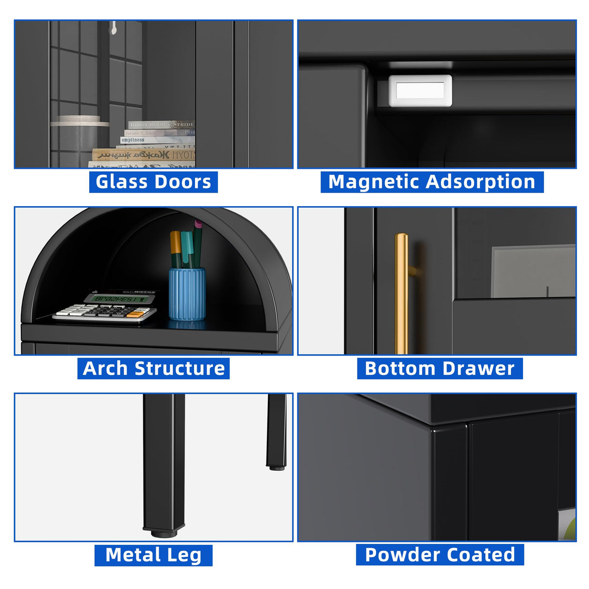 METALYEYE 73''H Metal Arched Storage Cabinet, Arch Display Bookcase Cabinet with Glass Doors & Shelves and 1Drawer for Living Room, Kitchens and Bedrooms,Office, Black, Assembly Required METALYEYE