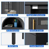METALYEYE 73''H Metal Arched Storage Cabinet, Arch Display Bookcase Cabinet with Glass Doors & Shelves and 1Drawer for Living Room, Kitchens and Bedrooms,Office, Black, Assembly Required METALYEYE