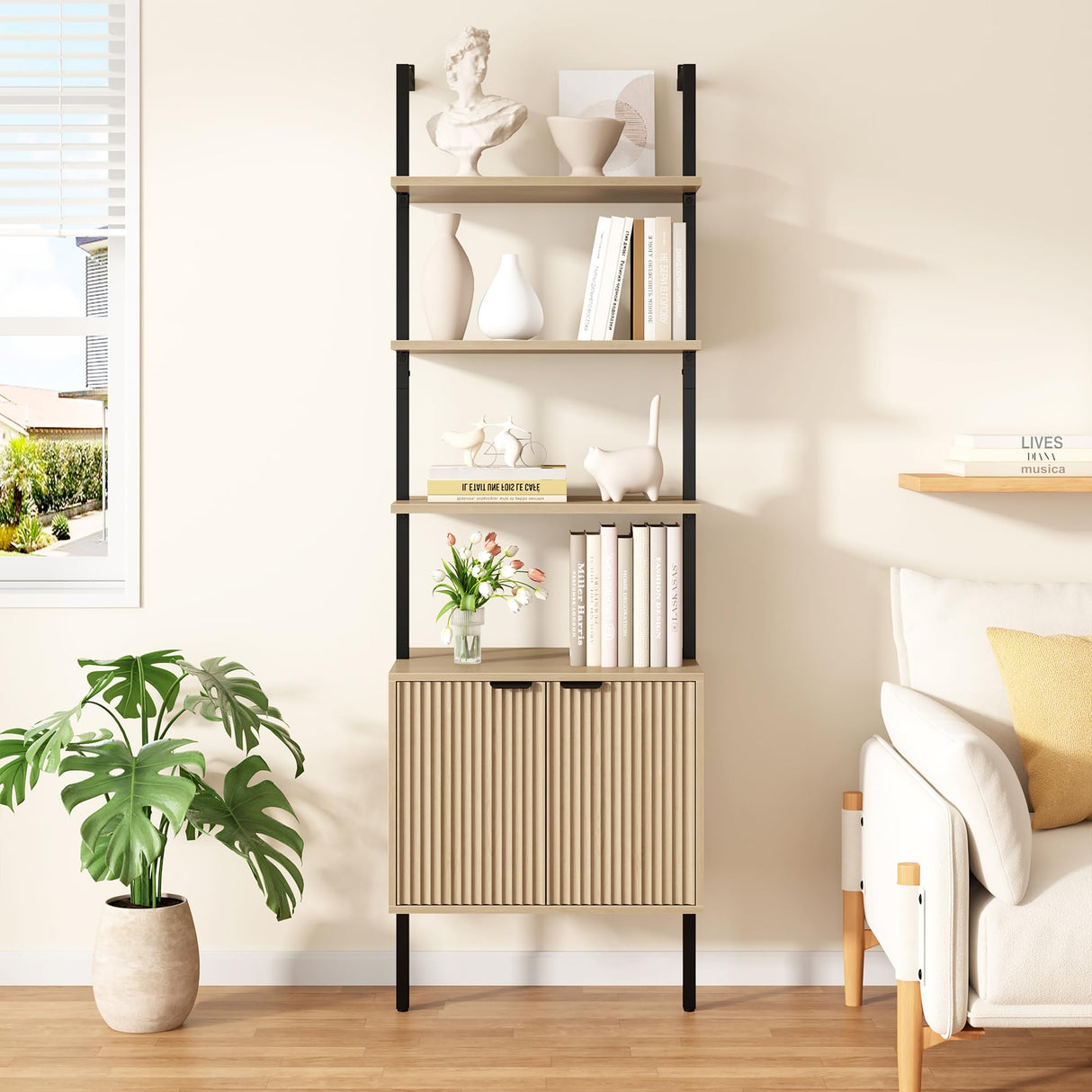 Yusong 73" Tall Bookshelf with Cabinet, Industrial Ladder Wall Mount Shelf Bookcase with Wood and Metal Frame, Plant Shelf Wall Storage Display for Living Room Bedroom, Wavy Light Ivory Yusong