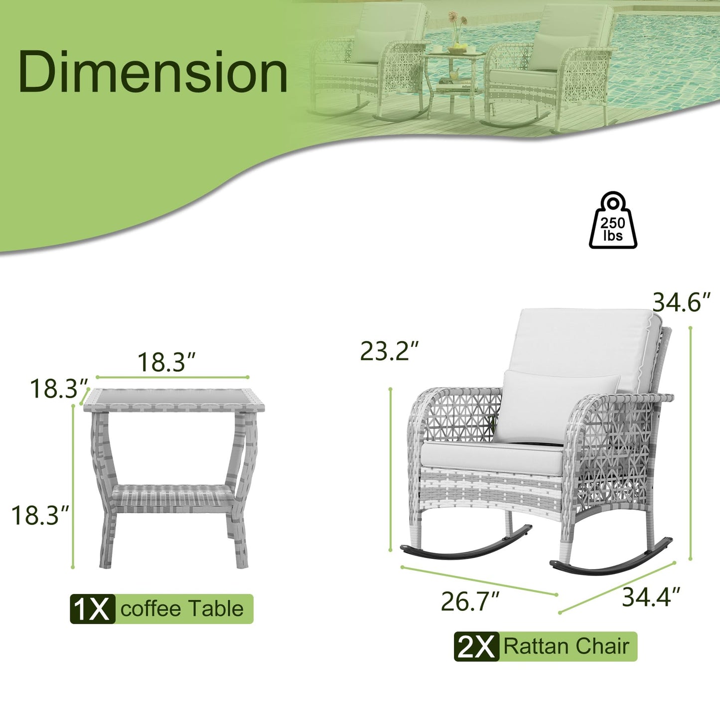 BALDPER 6-Piece Gray Wicker Patio Rocking Chairs Set, Rocking Wicker Bistro Set, Outdoor Furniture Conversation Set with Porch Chairs and Glass Coffee Table, Slate Grey